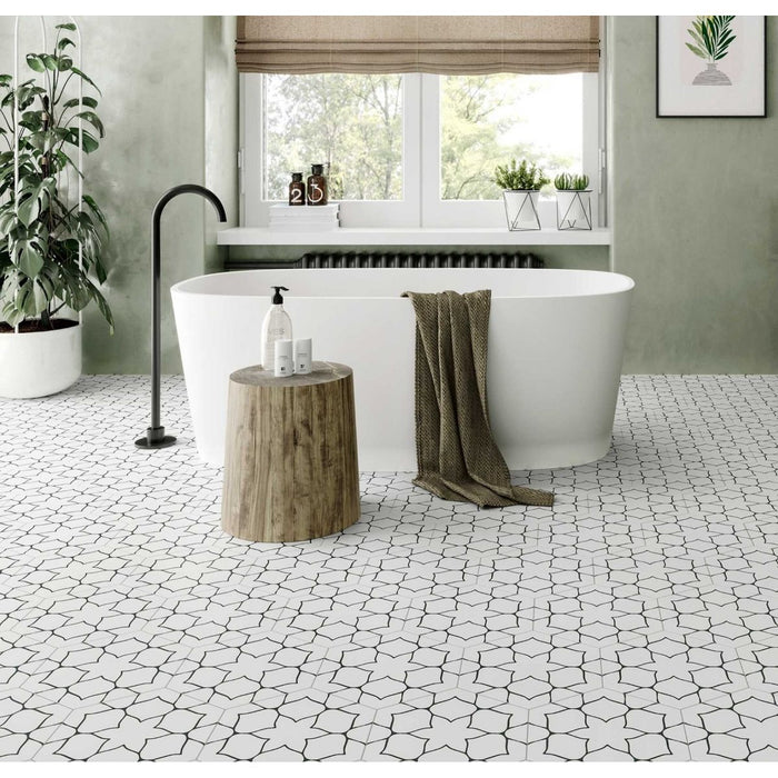 Maldives Snow White Patterned Hexagon Wall & Floor Tiles 33cm x 28.5cm