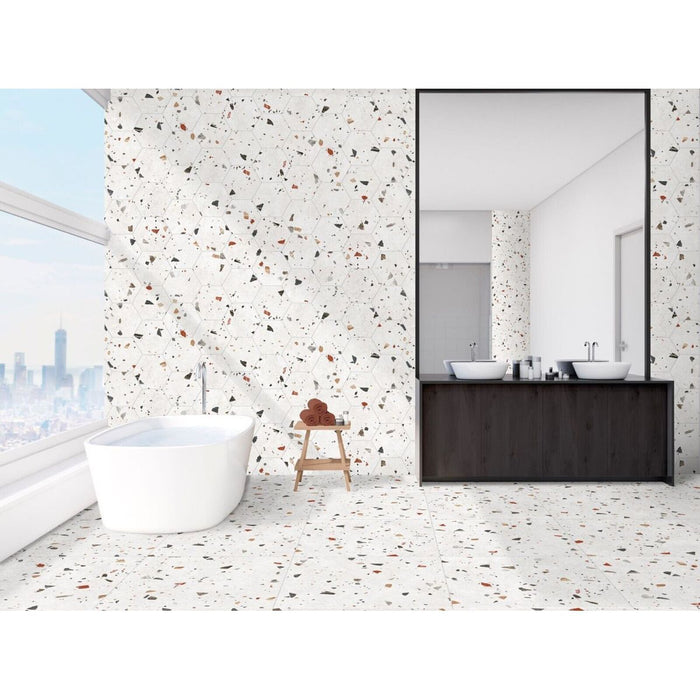 Jericho White Terrazzo Hexagon Wall & Floor Tiles 25cm x 22cm