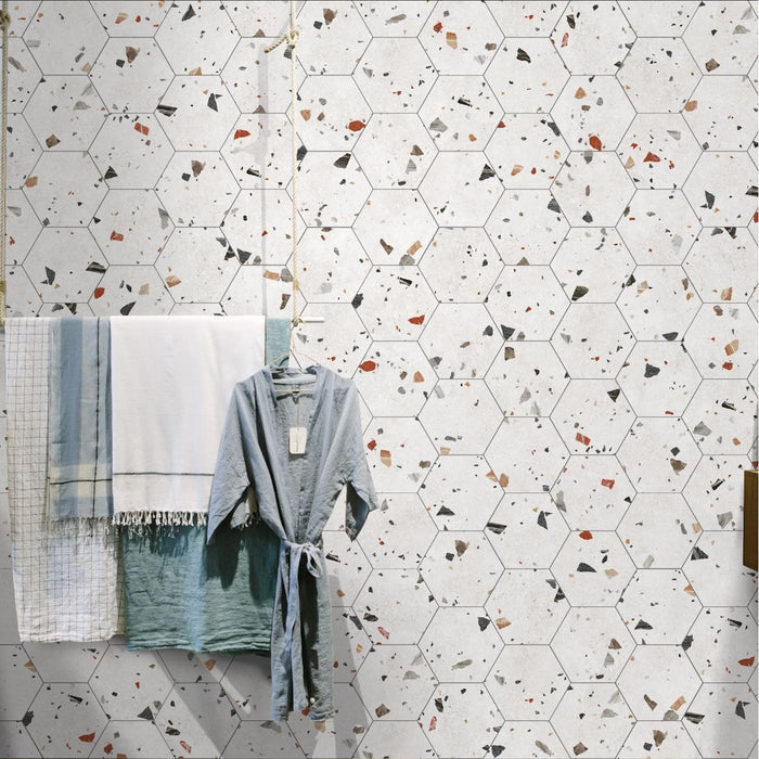 Jericho White Terrazzo Hexagon Wall & Floor Tiles 25cm x 22cm